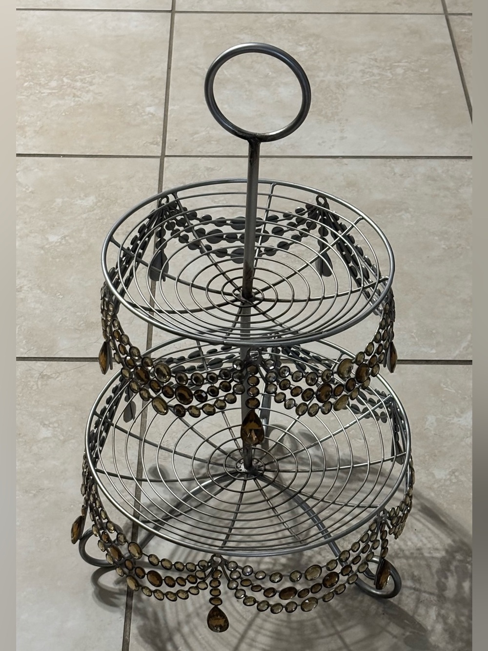 Two-Tier Metal Jewelry & Accessory Stand with Amber Crystal Accents - Silver